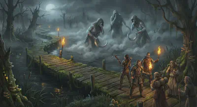 Clawed figures emerging from the marsh mist