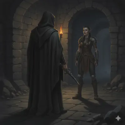 The Necrolyte of Nergal faces Riyou in a dark barrow passage, his certainty absolute, her dread recognition complete